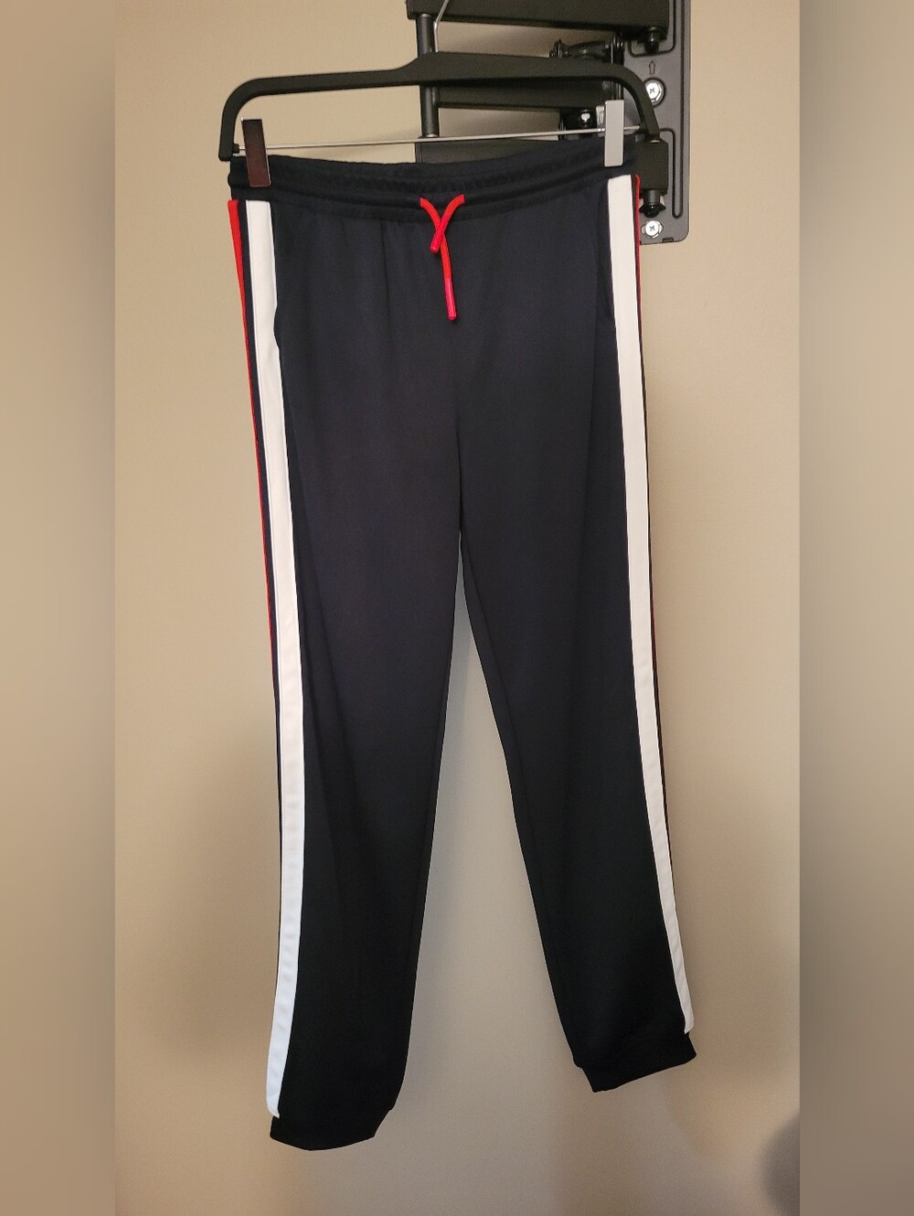 Black Track Pants with White And Red Side Stripes and Red Drawstring